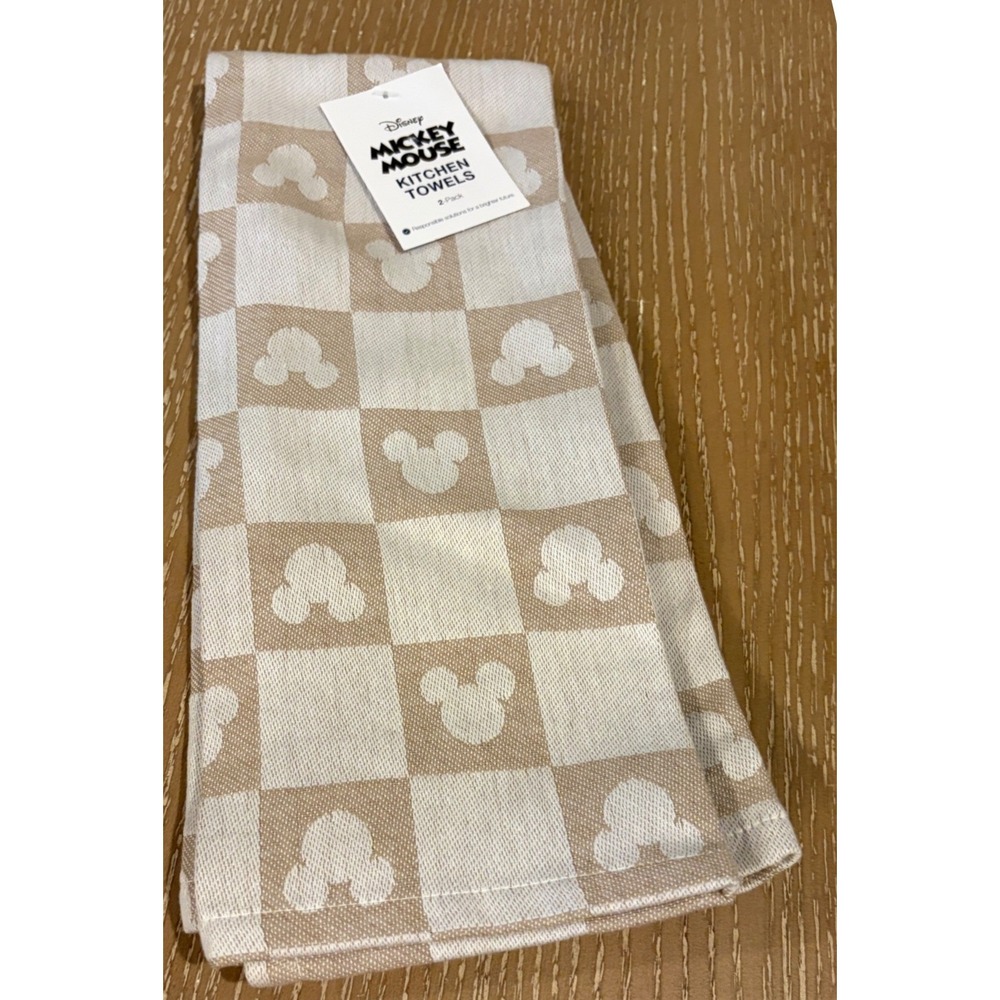 Disney Mickey Mouse Kitchen Towels 2 Pack Beige Checkered Hidden Mickey NWT